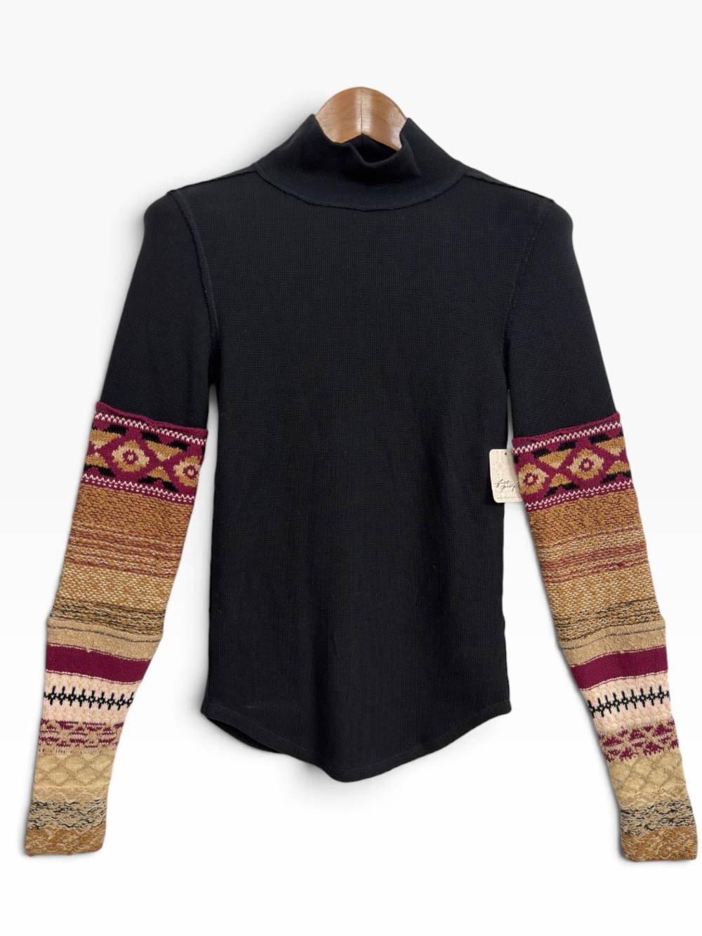 Free People We The Free All Too Well Cuff Thermal Top Black Fair Isle XS NWT